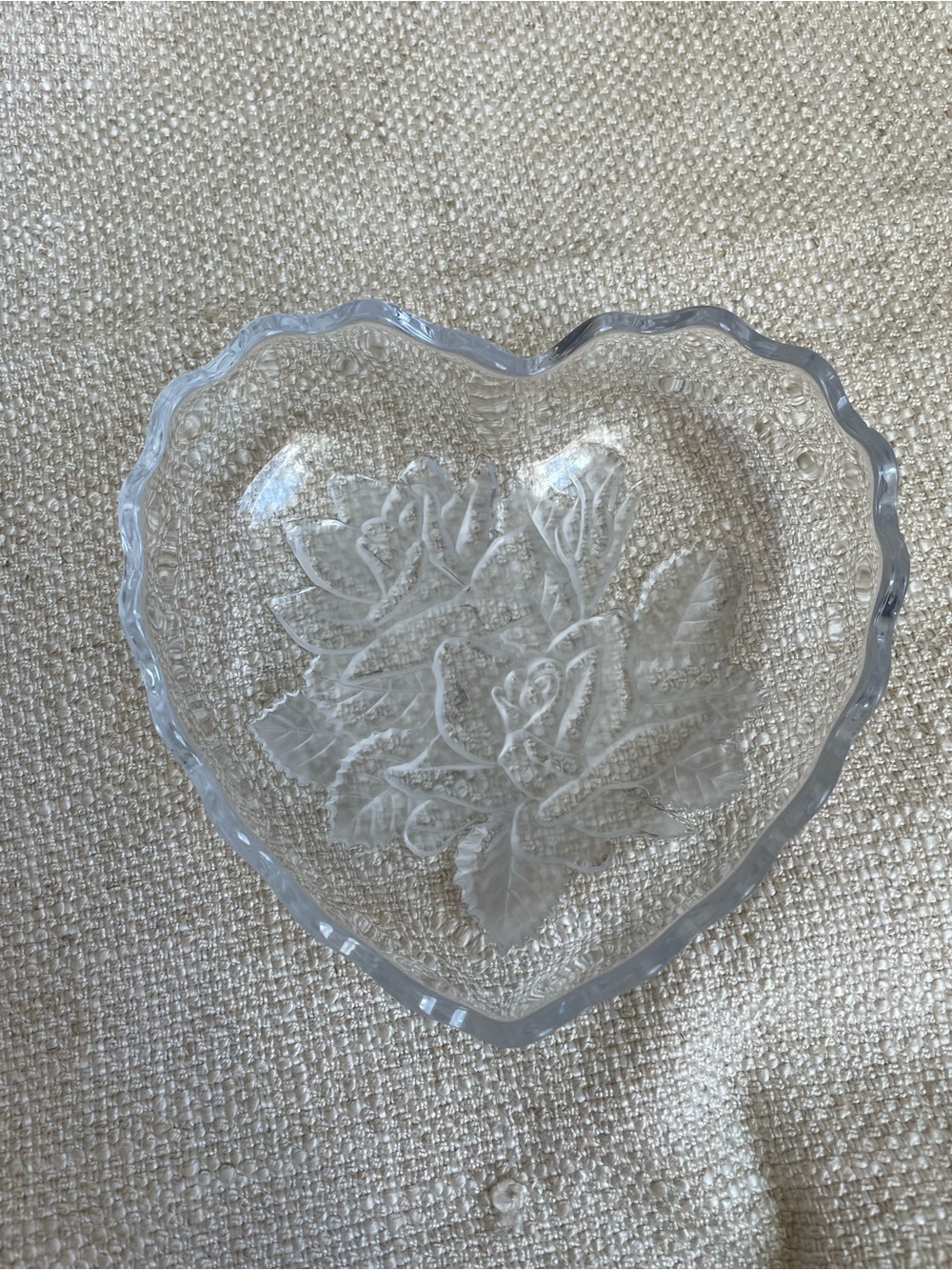 Vintage Heart-Shaped Clear Glass Dish with Etched Rose Pattern 5.5"